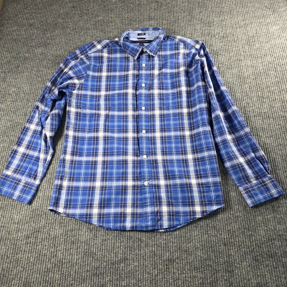 Tommy Hilfiger Mens Blue Plaid Button Down Shirt Classic Fit L/G Long‎ Sleeve
